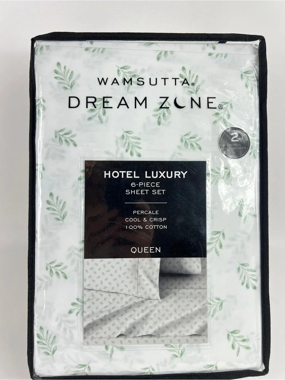 Wamsutta Dream Zone Hotel Luxury Queen Sheet Set White Green Leaf Print 6 Pc NEW